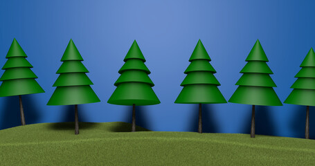 Six green fir trees and a blue sky with an green grass ground.