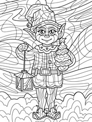 Santa helper, a gnome in a suit with a Christmas tree and a flashlight. Antistress for children and adults. Illustration on white background. Zen-tangle style.