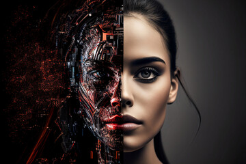 Artificial intelligence, a futuristic humanoid cyber girl with a neural network. Half woman, half robot. Cyborg woman that uses AI and ML. Can be an alien or ET - obrazy, fototapety, plakaty
