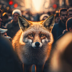 Obraz premium Photo of a Fox in a busy street - Generative Ai