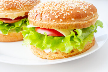 Home made sandwich on white plate.