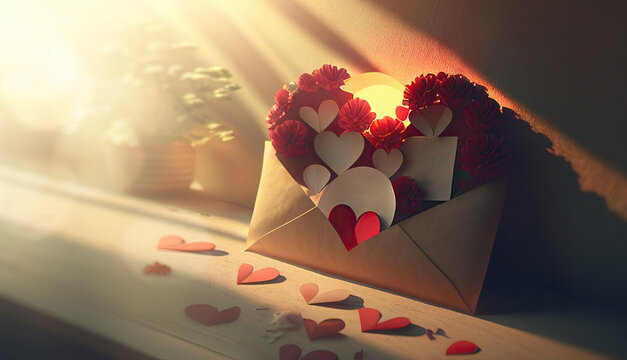 Red and white hearts and flowers in a paper envelope in sunny light. The concept of love and Valentine's Day. Generative AI