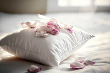 Fototapeta na wymiar Flowers petals on a pillow lying on the bed in the morning sun. Generative AI.