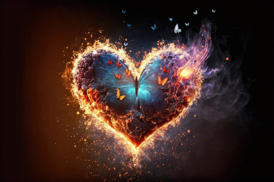 A fiery heart with a butterfly. The concept of love and Valentine's Day. Generative AI.