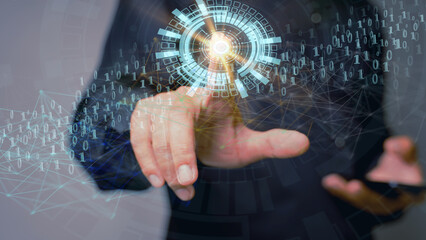 Blockchain technology and blockchain network business banner ideas Global cryptocurrency blockchain title. Blockchain title side view with 0's and 1's flying on top. image of investors