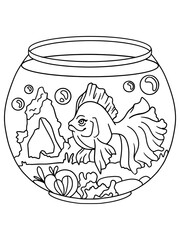 Isolated aquarium, goldfish in a design aquarium. Children coloring book, raster.
