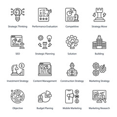 Strategic Thinking, Performance Evaluation, Competitive, Strategy Move, SEO, Strategic Planning, Solution, Building, Investment Strategy, Content Management, Outline Icons - Stroked, Vectors