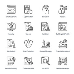 Onsite Content, Optimization, Brainstorm, Persona, Security, Task List, Validation, Building Web Traffic, Job Analysis, Asset Protection, Financial Strategy,  Outline Icons - Stroked, Vectors