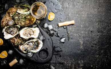 Fresh oysters on a cutting board. 