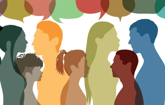 Concept of community. Social networks provide a means of communication and information sharing. Vector Illustration. People in profile talking and interacting in a speech bubble.