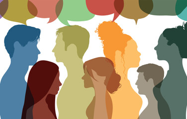 People share ideas and communicate with each other. Vector Illustration. Multiethnic and multicultural people talking and dialoguing in a crowd. - obrazy, fototapety, plakaty