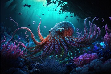 Obraz premium Octopus illustration under the ocean with corals. Generative AI