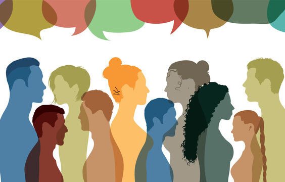 An image of a crowd talking and a speech bubbles. Several people are talking. Vector Illustration. People communicate with each other.