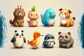 Obraz premium Cute animals set illustration, cartoon style, background. Generative AI