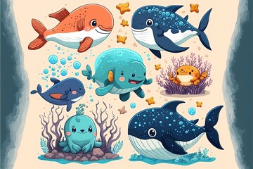Cute sea animals set illustration, cartoon style, background. Generative AI