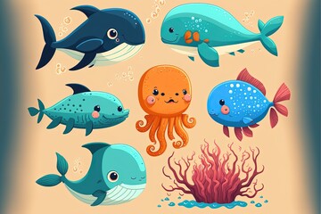 Cute sea animals set illustration, cartoon style, background. Generative AI