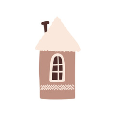 Winter cute cozy house. Sweet doodle pink home isolated on white background. Vector illustration