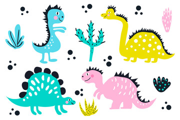 Set of cute colored dinosaurs. Vector kids illustration in cartoon style.