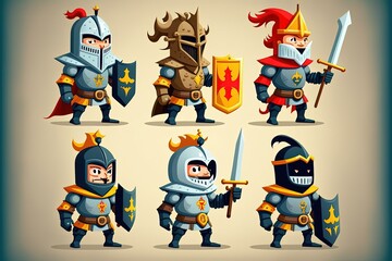 Cartoon style illustration of medieval knights set, background. Generative AI