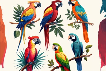 Fototapeta premium Cartoon style illustration of macaws set, white background. Generative AI