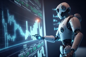 Roboter studiert die Charts der Börse und investiert automatisch Geld für die Menschen. Künstliche Intelligenz macht Börsengeschäfte oder übernimmt die Finanzen der Firma. Geld verdienen im Schlaf. - obrazy, fototapety, plakaty
