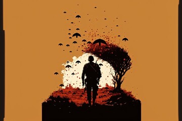 Naklejka premium Minimalist illustration of war scene with soldier. Generative AI