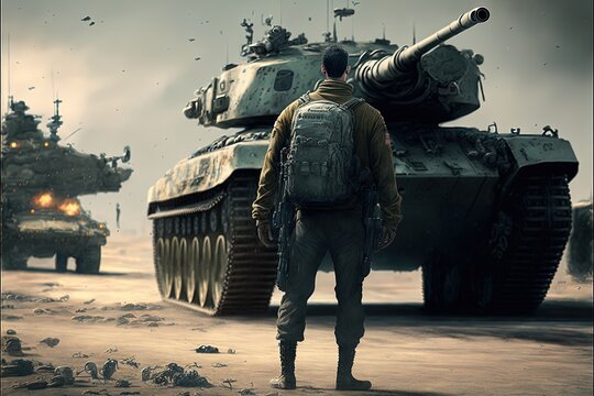 War scene illustration with soldier in front of a war tank. Generative AI