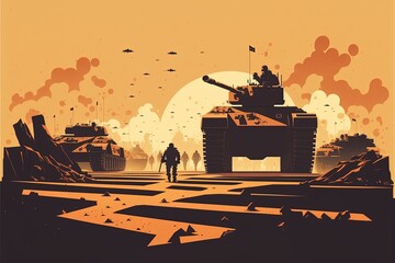 War scene illustration with war tank and soldiers. Generative AI