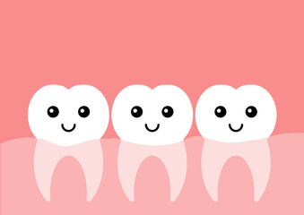 Teeth with cute muzzles, vector. White teeth with cute smiling faces on a pink background. Dentistry.
