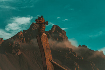 figurehead on a viking boat in the mountains of iceland - obrazy, fototapety, plakaty