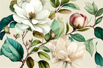 Composition pattern magnolia flowers and peonies with branches and leaves on a light background. Holiday greeting with space for text, wedding, Valentine's Day, Women's Day. Generative AI