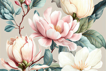 Composition pattern magnolia flowers and peonies with branches and leaves on a light background. Holiday greeting with space for text, wedding, Valentine's Day, Women's Day. Generative AI