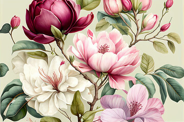 Composition pattern magnolia flowers and peonies with branches and leaves on a light background. Holiday greeting with space for text, wedding, Valentine's Day, Women's Day. Generative AI - obrazy, fototapety, plakaty