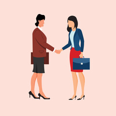 Two business women shaking hands after agreement and negotiation. Corporate handshake concept. Vector illustration with white background.