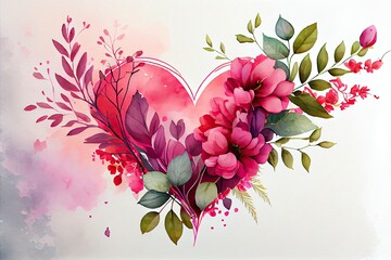 A heart-shaped painting with flowers and roses, a watercolor painting on a white background (generative AI)