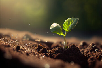 Fresh young sprouts grow out of the ground in sunset light with raindrops, the concept of growing eco plants for food. Generative AI