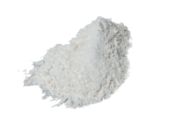 Close up Pile of Tapioca starch explosion flying, White powder tapioca starch wave floating fall down in air. tapioca starch is element material. Eyeshadow crush for make up artist. White background