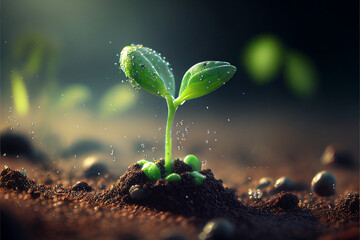 Fresh young sprouts grow out of the ground in sunset light with raindrops, the concept of growing eco plants for food. Generative AI