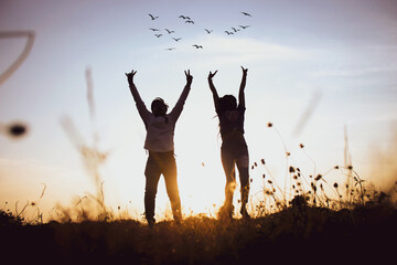 Freedom couple living a free happy life at mountain.