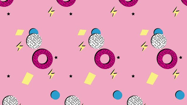 Retro geometric background animation footage perfect for music videos, motion graphics, digital art. Dynamic, abstract pattern of shapes & lines in vintage colors. Seamless, loopable, pink background