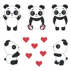 A cute little plush panda is engaged in various activities. Funny panda character vector illustration.