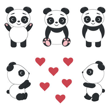 A cute little plush panda is engaged in various activities. Funny panda character vector illustration.