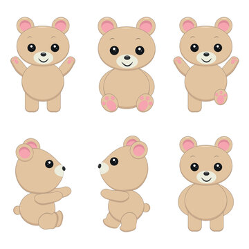 
Cute little teddy bear doing various activities. Funny brown bear character vector illustration.
