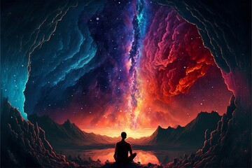 Alien Sunrise: A Fantasy Landscape of Mountains and Nebulas