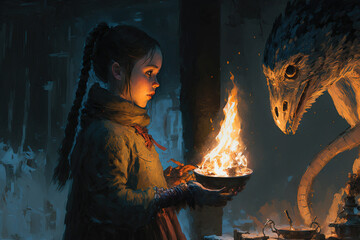 Girl feeding dragon with flame. Anime style illustration. Digital Art. Ai generated