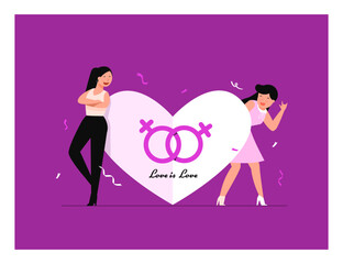 Lesbian couple. Portrait of adorable young women. Homosexual romantic partners. Concept of love, passion and homosexuality. Modern flat colorful vector illustration.