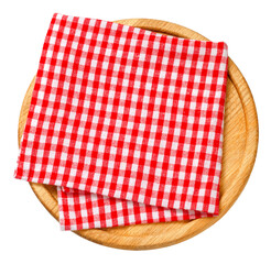 Red check napkin and board for pizza on white background. Top view of napkin on wooden round board isolated. - 564246742