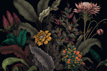 Vintage-Style Illustrations, tropical leaves with Black Backgrounds - Perfect for Digital Art Projects, Ai generated