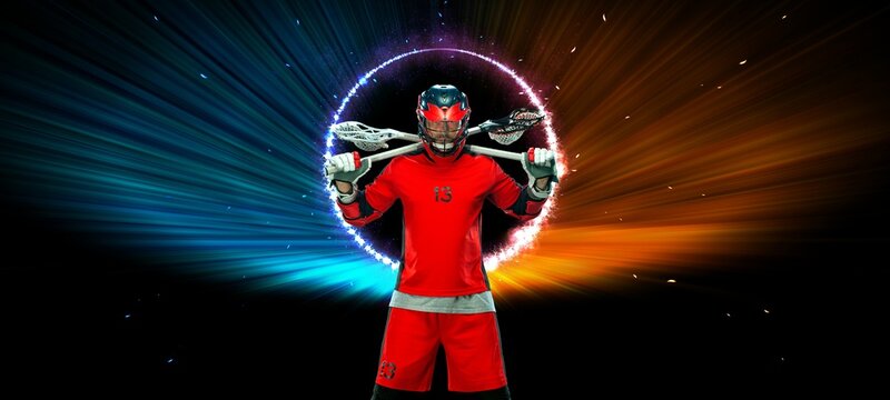 Lacrosse player, athlete. Download photo for sports betting advertisement. Website header. Sports design in neon glow. Sport and motivation wallpaper.