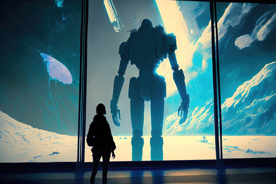 Explore the Future with Girl and Big Robot in Epic Anime Digital Art, Ai generated